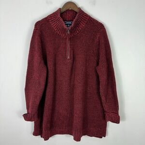 Lands' End Sweater 2X Red Quarter Zip Chunky Knit Cotton Blend Preppy Cozy